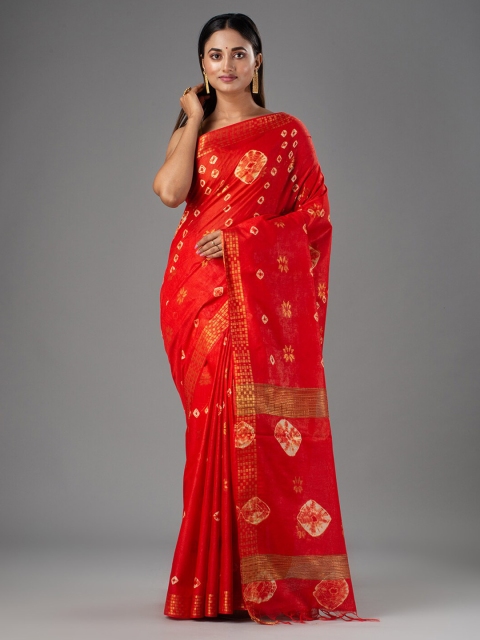 

Mitera Red & White Bandhani Zari Silk Cotton Bhagalpuri Saree