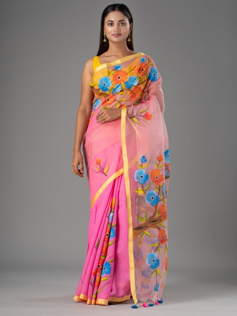 

Mitera Pink & Blue Floral Zari Silk Cotton Saree