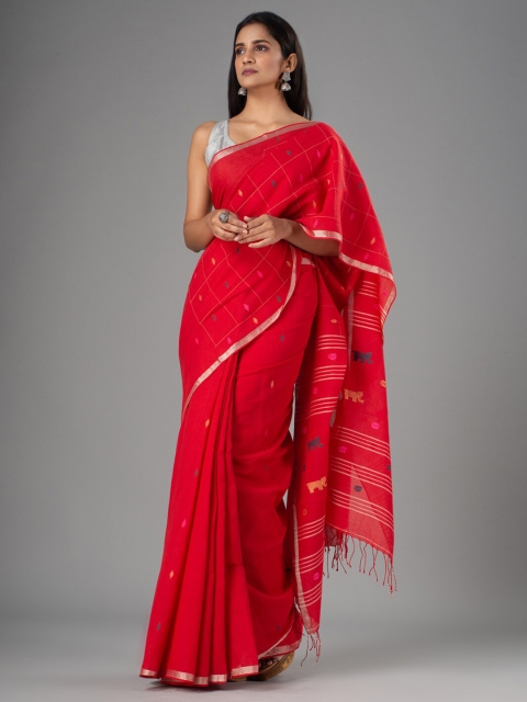 

Mitera Red & Navy Blue Ethnic Motifs Zari Pure Cotton Saree