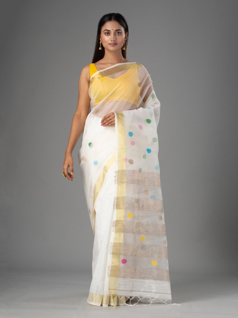 

Mitera White & Gold-Toned Polka Dots Printed Zari Pure Silk Saree