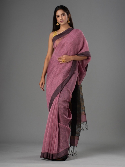 

Mitera Pink & Black Floral Silk Blend Jamdani Saree