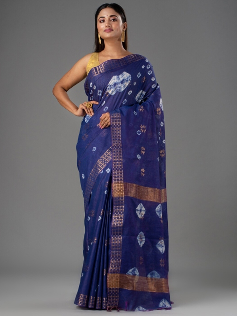 

Mitera Blue & White Bandhani Zari Silk Cotton Bhagalpuri Saree