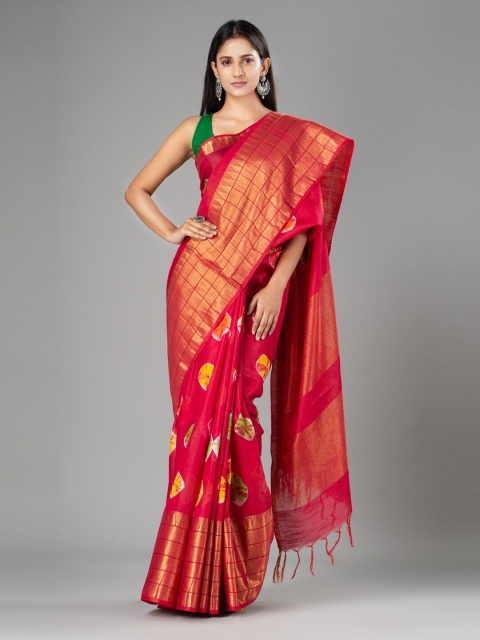 

Mitera Red & Gold-Toned Floral Silk Cotton Bhagalpuri Saree