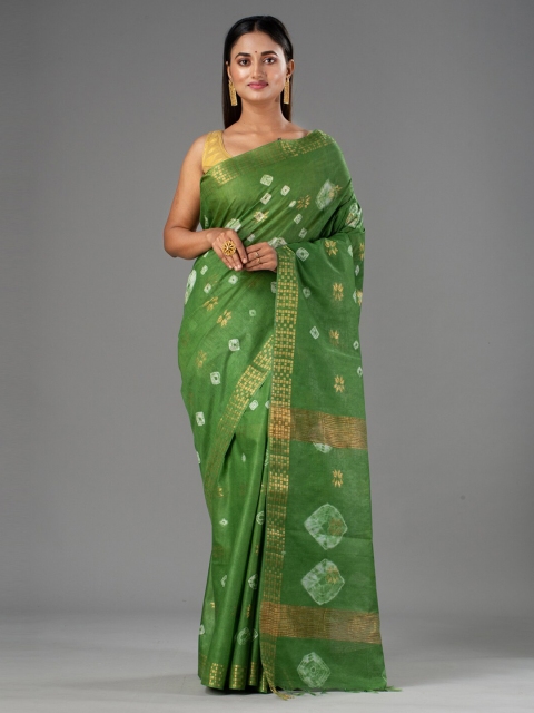 

Mitera Green & White Ethnic Motifs Zari Silk Cotton Bhagalpuri Saree