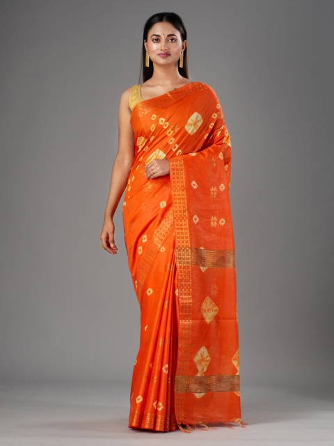 

Mitera Orange & Gold-Toned Bandhani Silk Cotton Bhagalpuri Saree