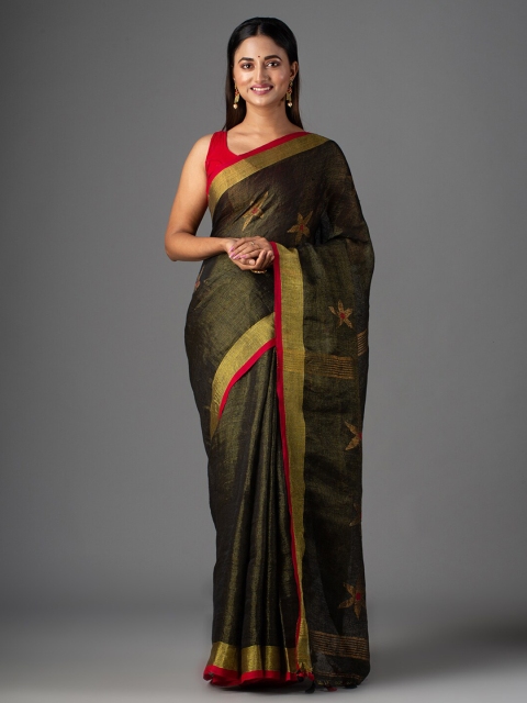 

Mitera Green & Gold-Toned Ethnic Motifs Linen Blend Jamdani Saree