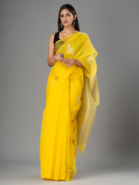 

Mitera Yellow & Gold-Toned Paisley Zari Silk Cotton Saree