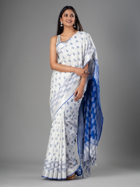 

Mitera White & Blue Zari Pure Cotton Bhagalpuri Saree