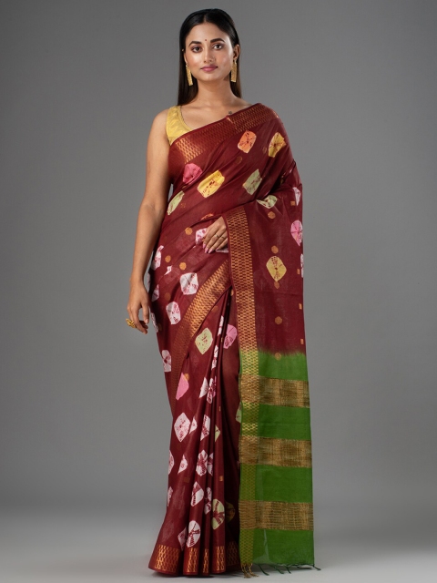 

Mitera Brown & Green Bandhani Zari Silk Cotton Bhagalpuri Saree