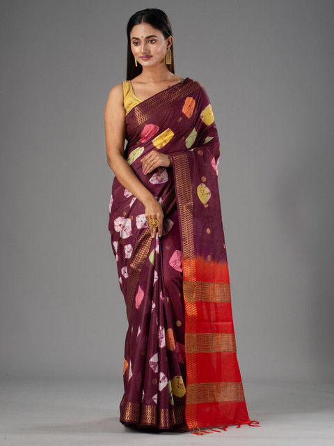 

Mitera Magenta & Orange Tie and Dye Zari Silk Cotton Bhagalpuri Saree