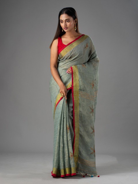 

Mitera Green & Beige Floral Linen Blend Jamdani Saree