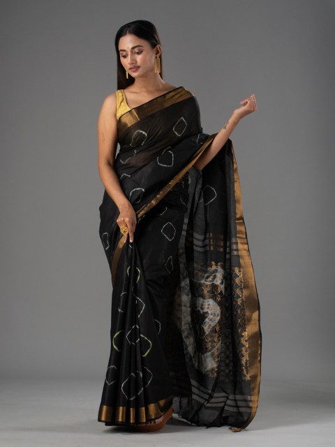 

Mitera Black & White Bandhani Zari Silk Cotton Bhagalpuri Saree