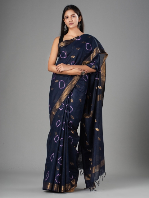 

Mitera Blue & Lavender Ethnic Motifs Zari Silk Cotton Bhagalpuri Saree