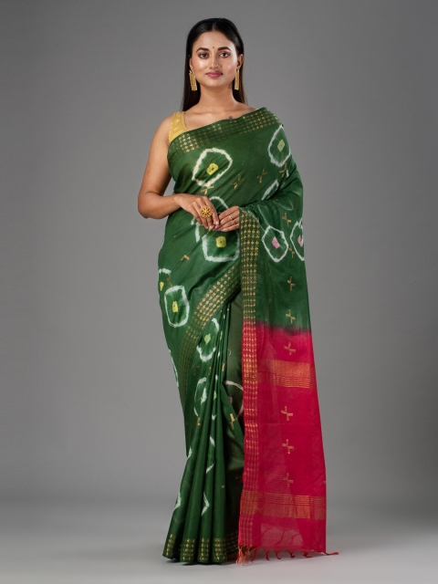 

Mitera Green & Magenta Bandhani Zari Silk Cotton Bhagalpuri Saree
