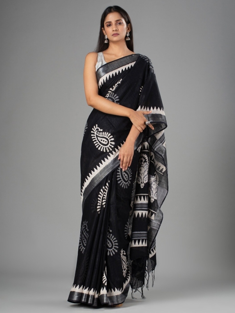 

Mitera Black & White Ethnic Motifs Zari Pure Cotton Bhagalpuri Saree