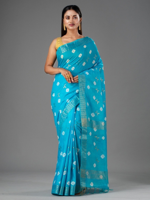 

Mitera Turquoise Blue & White Bandhani Silk Cotton Bhagalpuri Saree