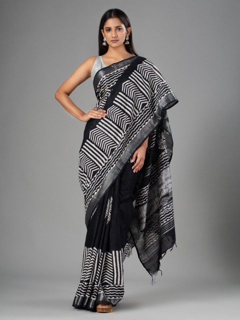 

Mitera Black & White Ethnic Motifs Zari Pure Cotton Bhagalpuri Saree
