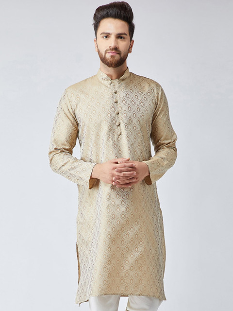 

Jompers Men Beige Ethnic Motifs Woven Design Jacquard Kurta