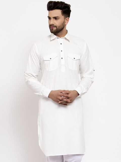

Jompers Men White Cotton Solid Pathani Kurta