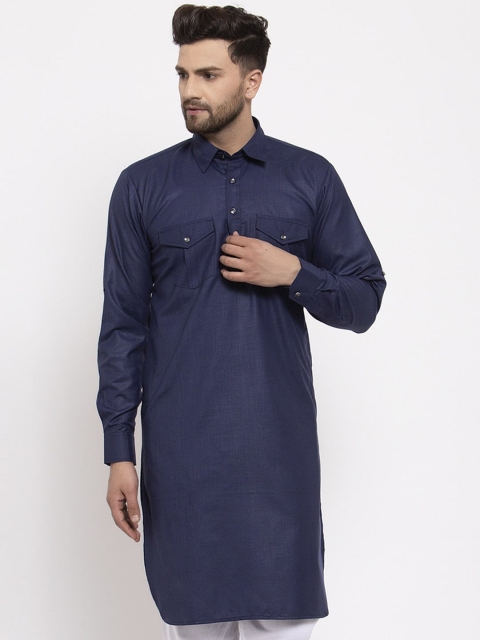 

Jompers Men Navy Blue Cotton Solid Pathani Kurta