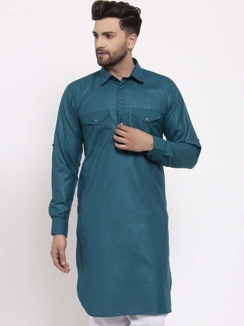 

Jompers Men Teal Blue Cotton Solid Pathani Kurta