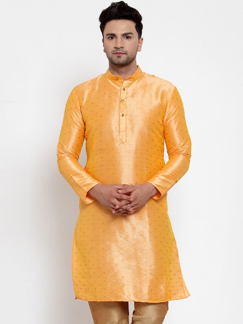 

Jompers Men Peach-Coloured & Golden Dupion Silk Abstract Woven Design Kurta