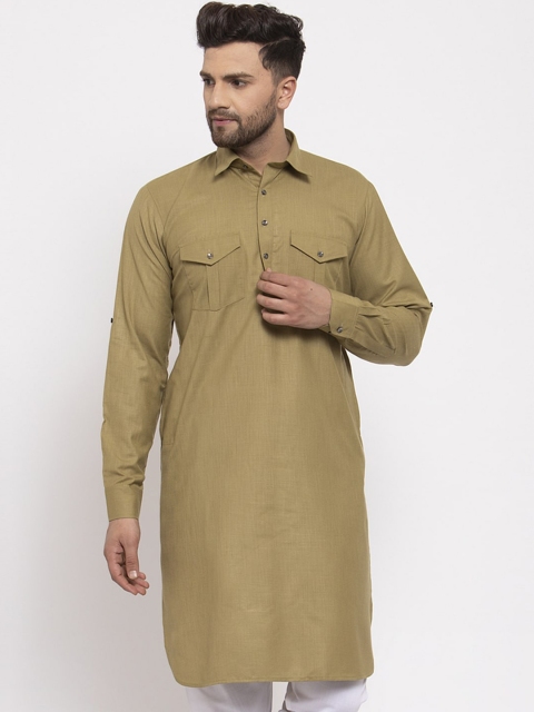 

Jompers Men Olive Green Cotton Solid Pathani Kurta
