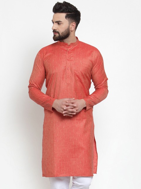 

Jompers Men Orange Cotton Woven Design Slub Print Kurta