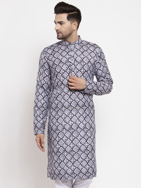 

Jompers Men Grey & White Geometric Printed Pure Cotton Straight Kurta