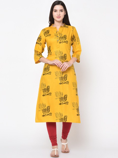 

TRUNDZ Women Yellow & Olive Green Ethnic Motifs Printed Straight Kurta
