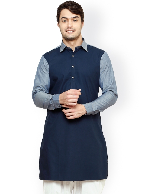 

See Designs Men Navy & Grey Colourblock Straight Kurta, Navy blue