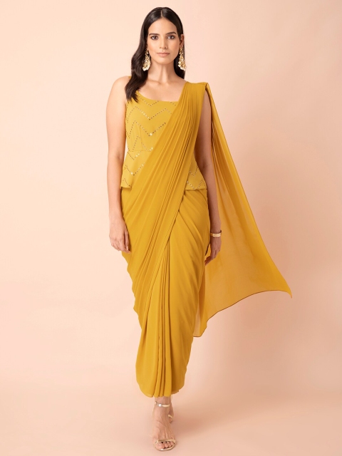 

INDYA Yellow & Gold-Toned Sequinned Embroidered Ready To Wear Peplum Saree