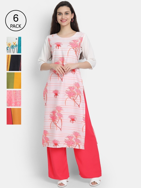 

1 Stop Fashion Women Pack of 6 Digital Printed Straight Kurtas, White