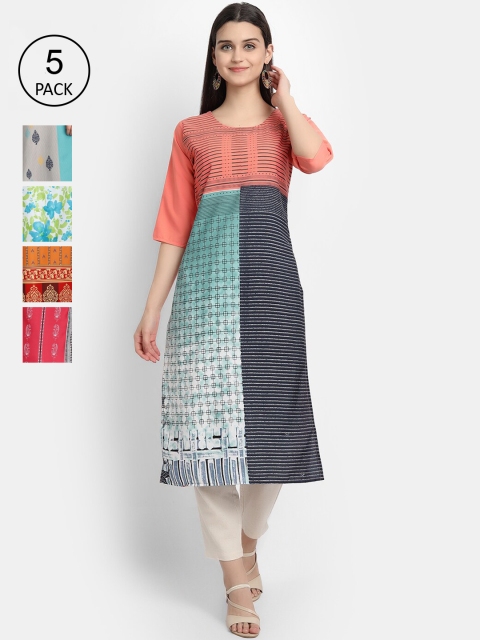 

1 Stop Fashion Woman Pack of 5 Multicoloured Printed Crepe Kurta, Multi