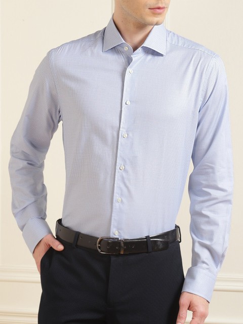 

HACKETT LONDON Men White & Blue Ditsy Houndstooth Print Cotton Comfort Formal Shirt
