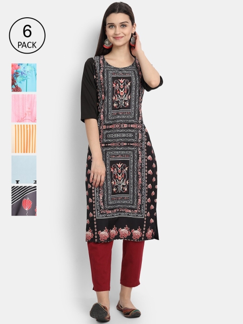 

1 Stop Fashion Women Pack of 6 Digital Printed Straight Kurtas, Black