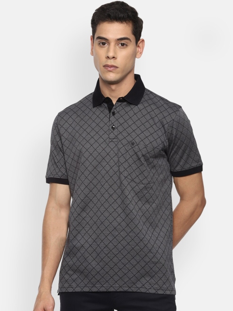 

Louis Philippe Men Charcoal Grey & Black Checked Polo Collar Pure Cotton T-shirt