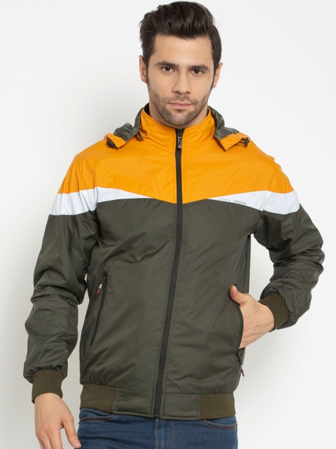 

American-Elm Men Olive Green & Yellow Colourblocked Outdoor Open Front Jacket