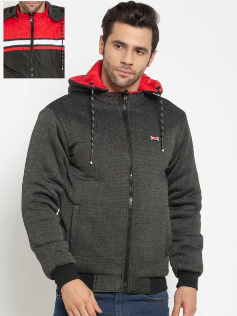 

American-Elm Men Red & Grey Reversible Hooded Winter Bomber Jacket