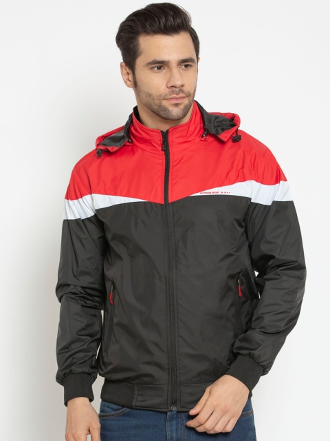 

American-Elm Men Black Colourblocked Water Resistant Outdoor Hooded Bomber Jacket