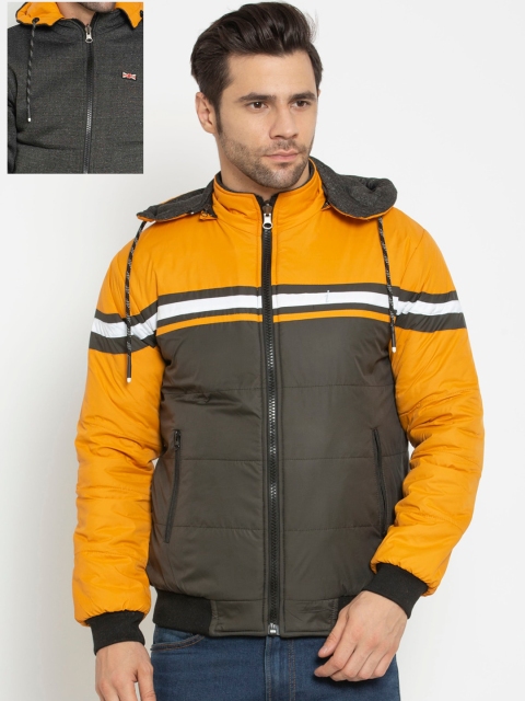 

American-Elm Men Yellow & Charcoal Colourblocked Reversible Outdoor Puffer Jacket