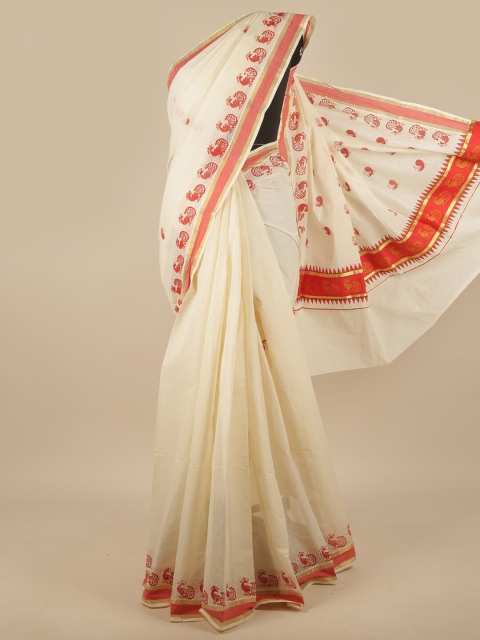 

Pothys Off White & Red Ethnic Motifs Kerala Cotton Saree