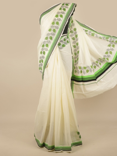 

Pothys Off White & Green Floral Saree