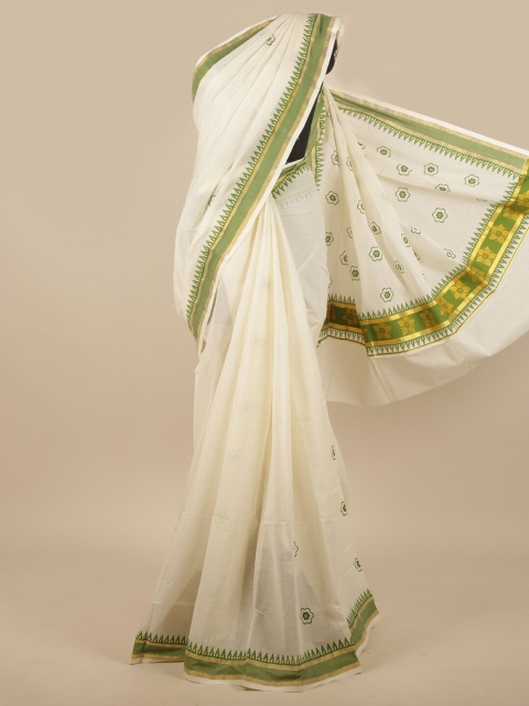 

Pothys Off White & Gold-Toned Floral Printed Zari Saree