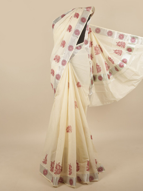 

Pothys Off White & Maroon Ethnic Motifs Zari Saree