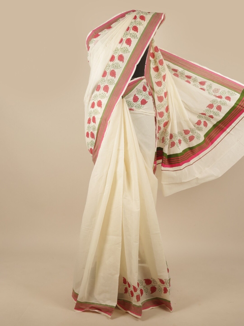 

Pothys Off-White & Pink Floral Printed Kerala Kasavu Saree