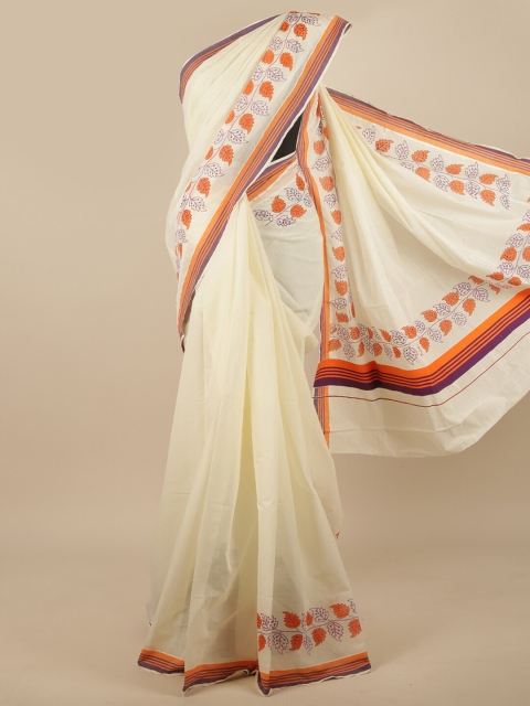 

Pothys Off White & Orange Floral Saree