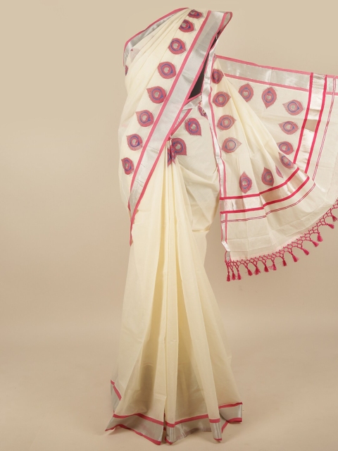 

Pothys Off-White & Pink Ethnic Motifs Zari Kerala Kasavu Saree