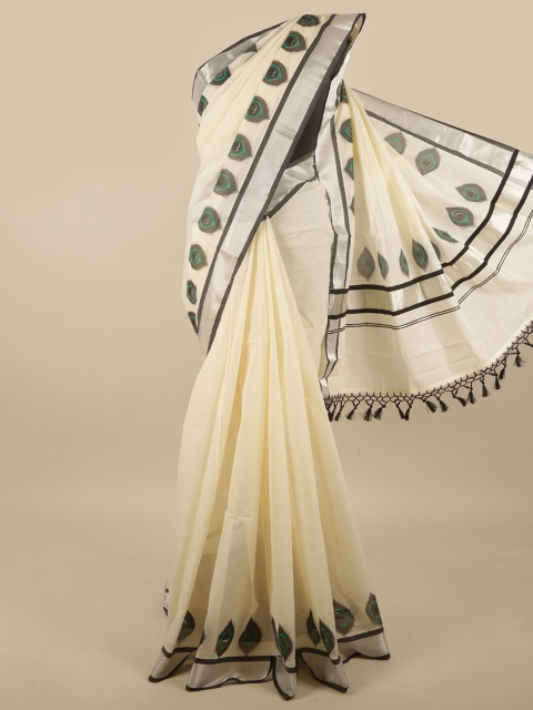 

Pothys Off White & Green Ethnic Motifs Zari Kasavu Saree