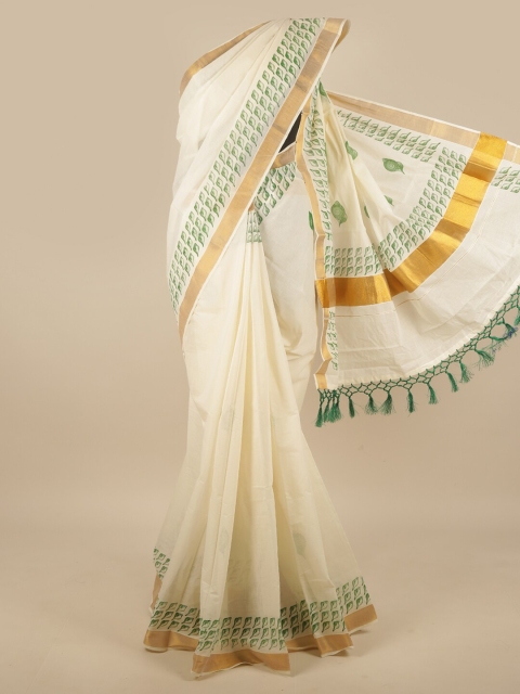

Pothys Off White & Gold-Toned Ethnic Motifs Zari Kerala Cotton Saree